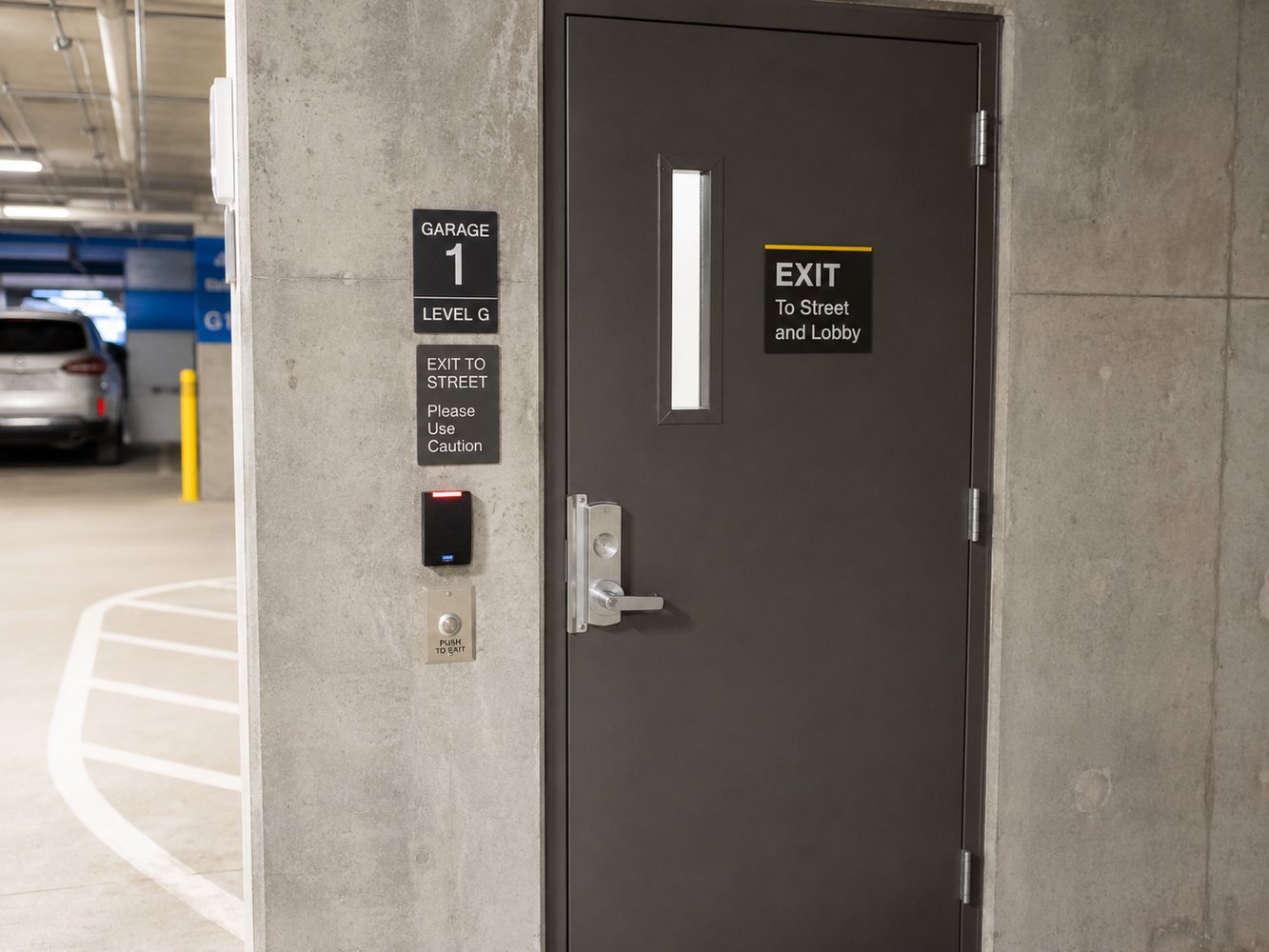 Card reader and exit button installed beside a parking garage exit door