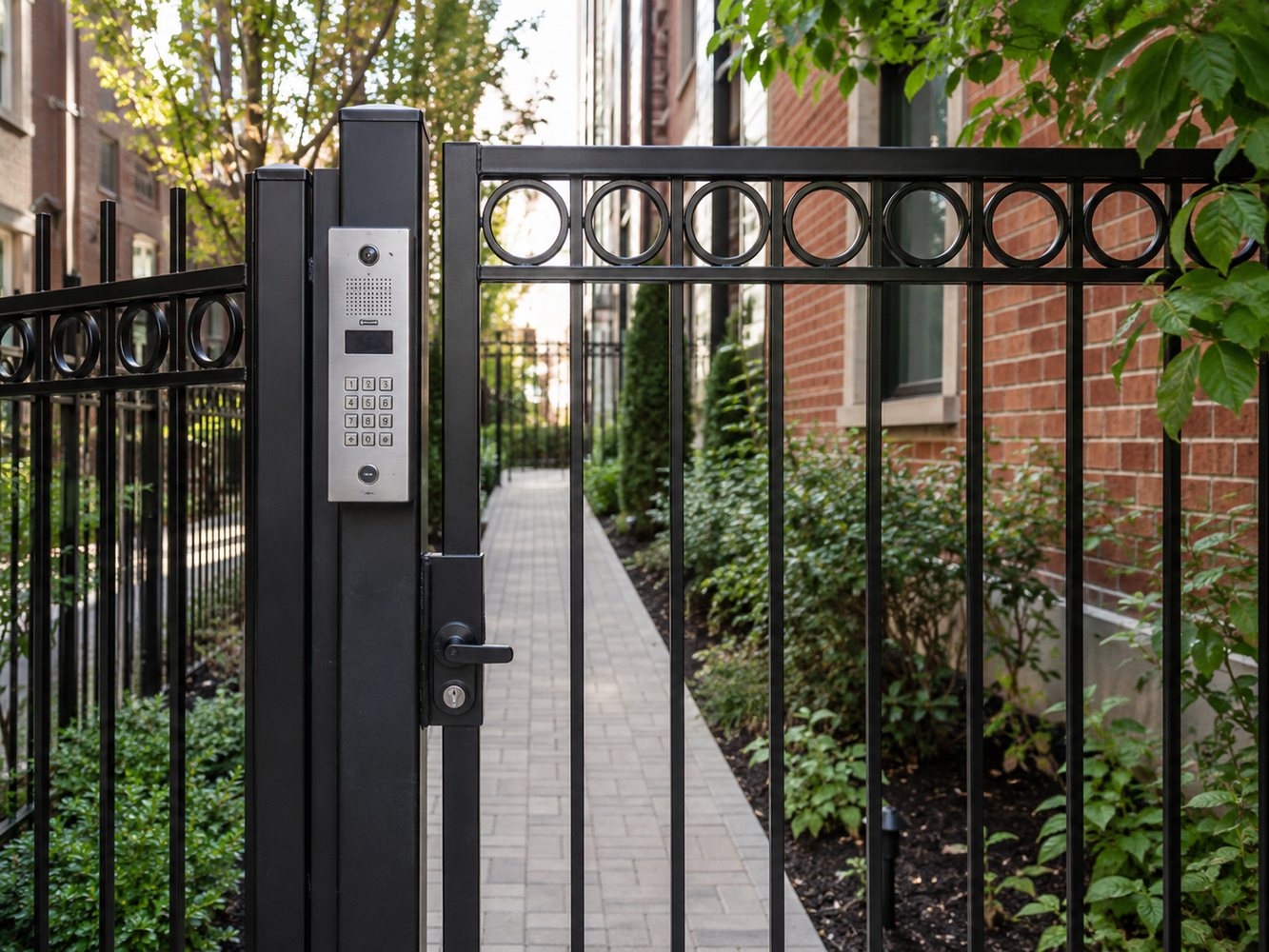 Keypad access control panel installed at a residential gated entry