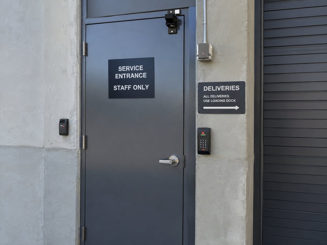Keypad and card reader access control installed at a service entrance and delivery door