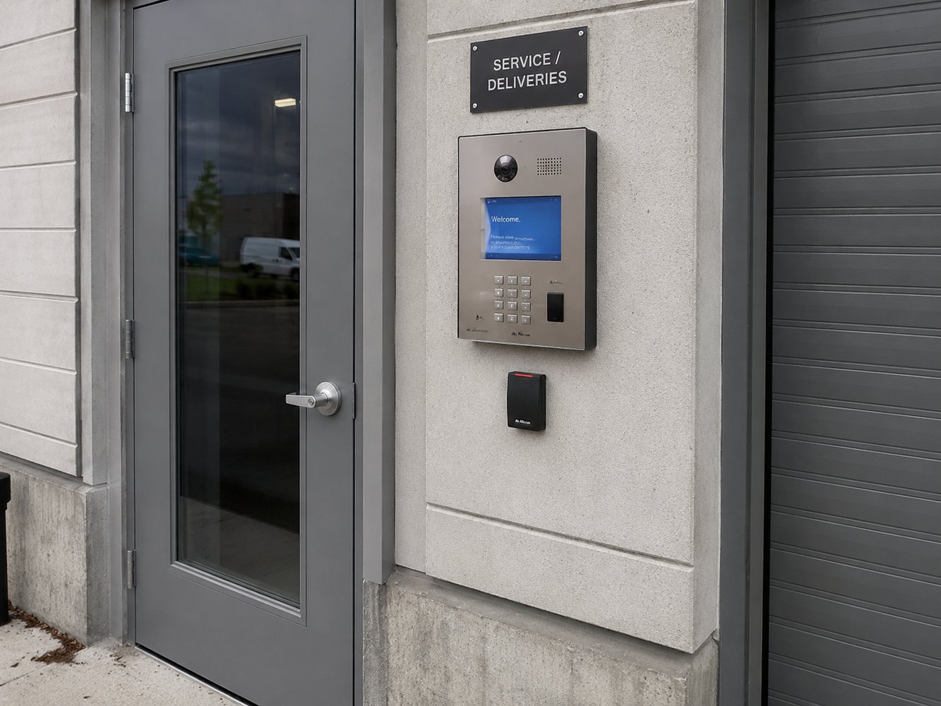 Black apartment building video intercom directory installed beside a glass entry door
