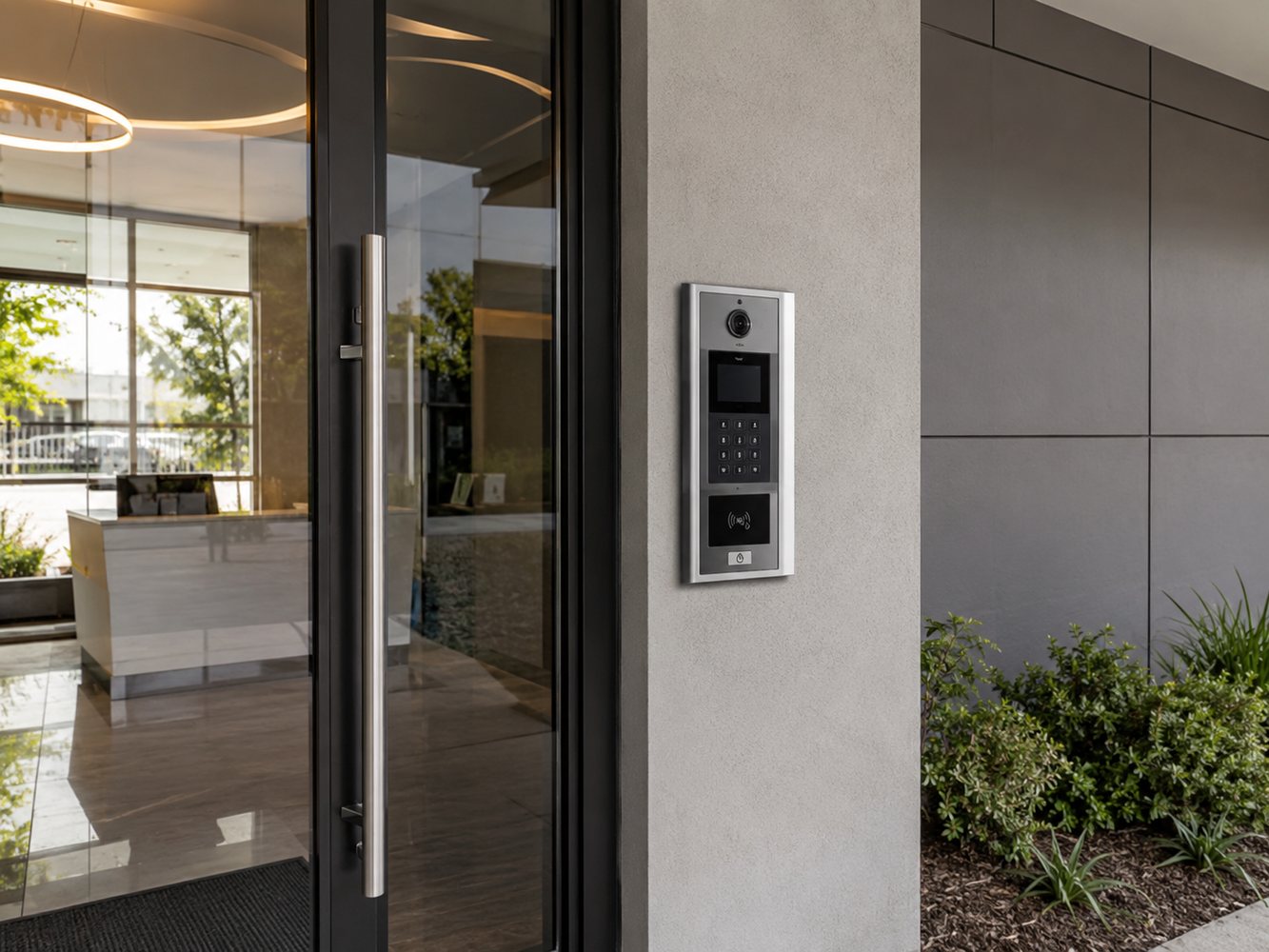Compact video intercom installed beside a brownstone front entrance