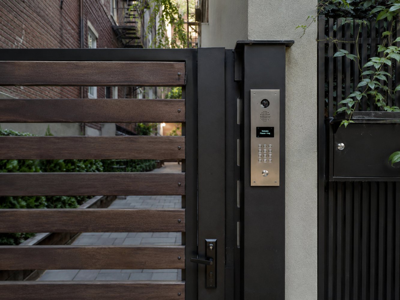Stainless steel apartment lobby intercom panel installed near building mailboxes