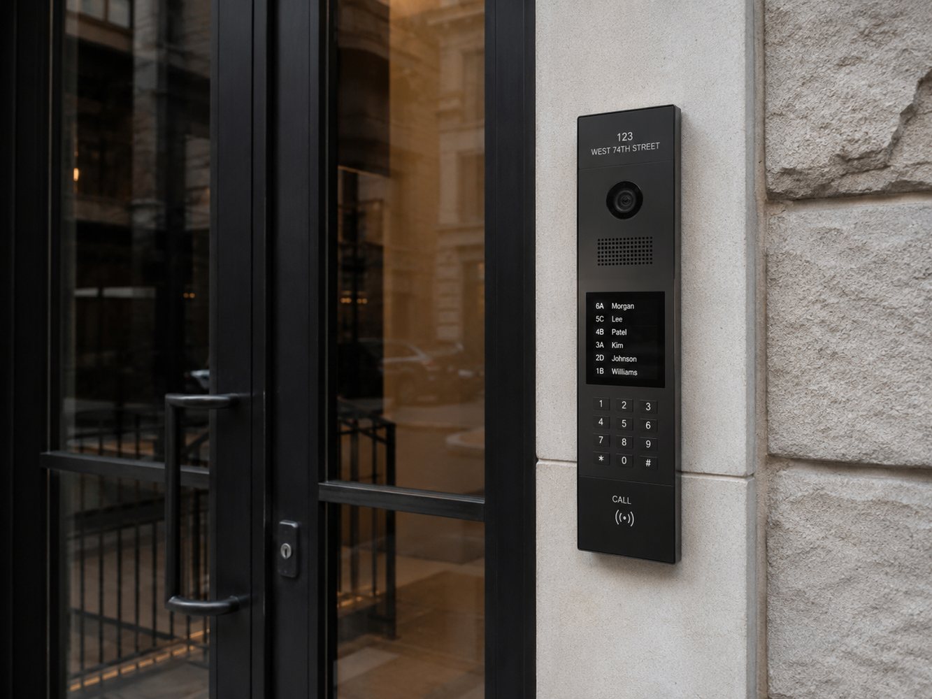 Video intercom and card reader installed beside a service and delivery door