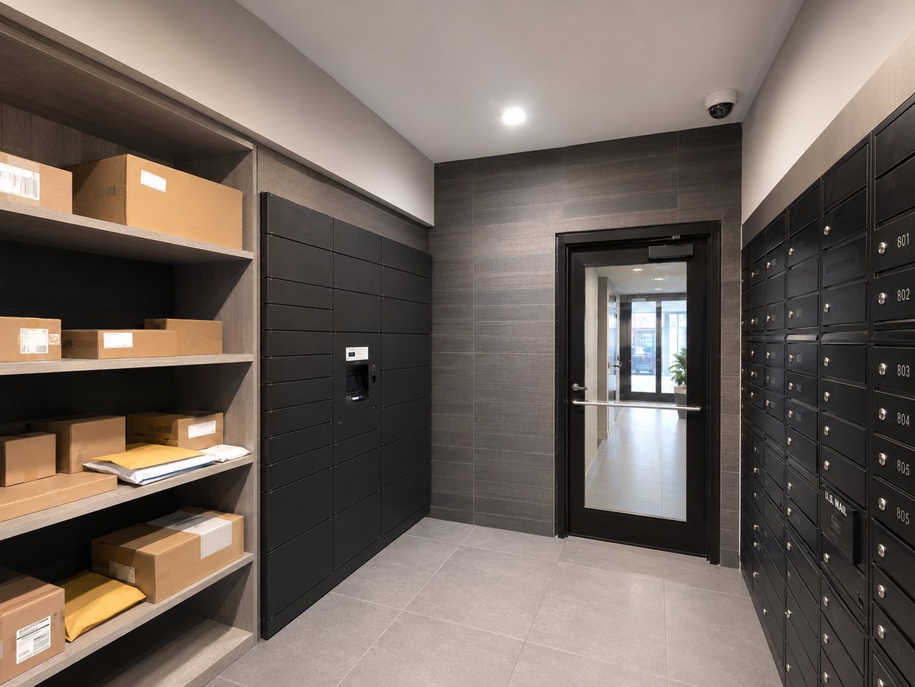 Dome security camera installed in an apartment building package room with mailboxes and package shelving